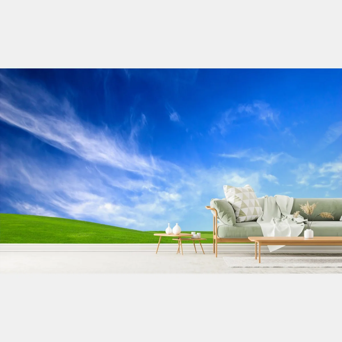 Fototapeta słoneczna zielona łąka pod niebieskim niebem – Wallissimo® Fototapeta słoneczna zielona łąka pod niebieskim niebem – Wallissimo®