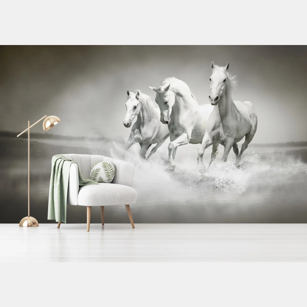 Fototapeta trzy białe konie galopujące przez wodę – Wallissimo®