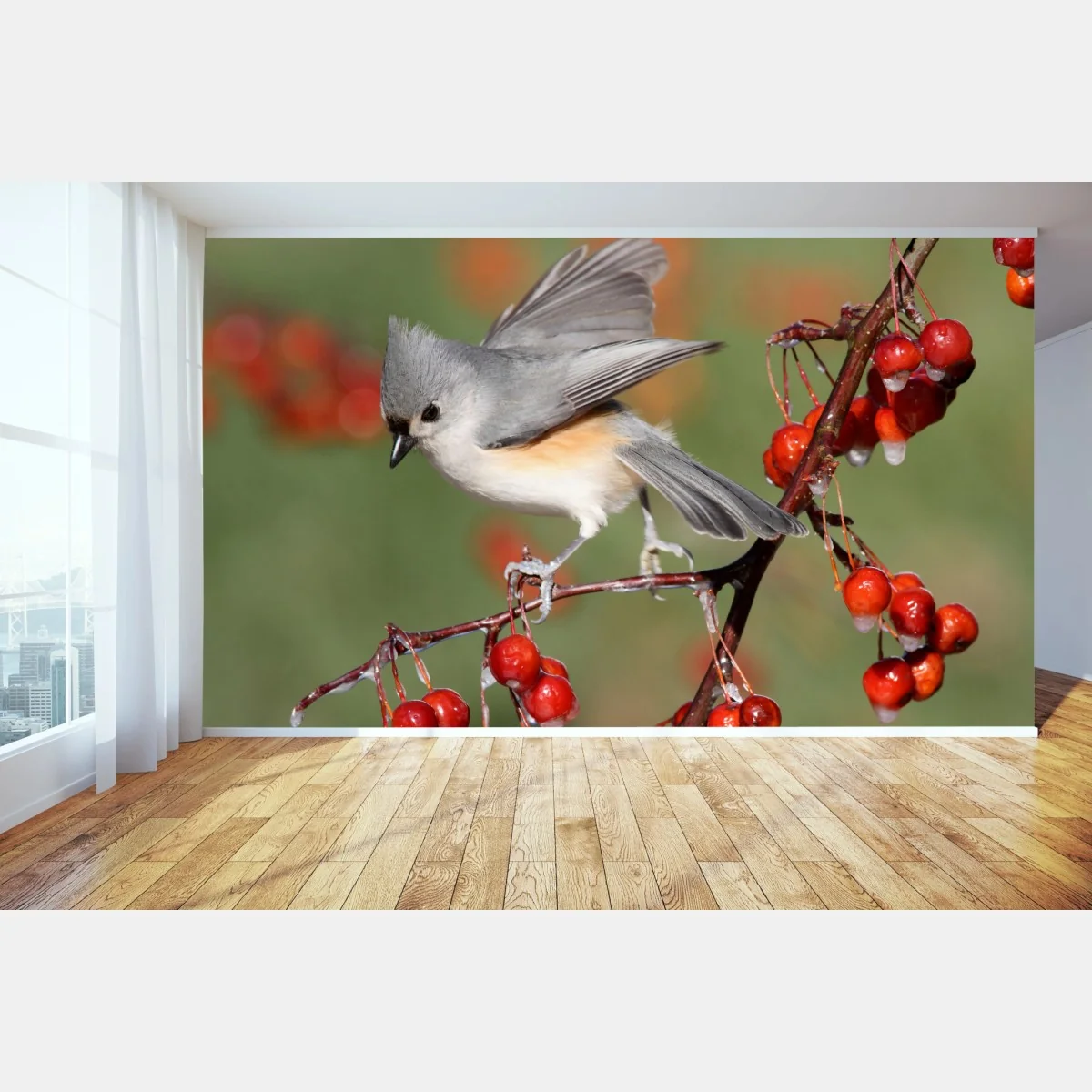 Fototapeta szary ptak na czerwonych jagodach – Wallissimo® Fototapeta szary ptak na czerwonych jagodach – Wallissimo®