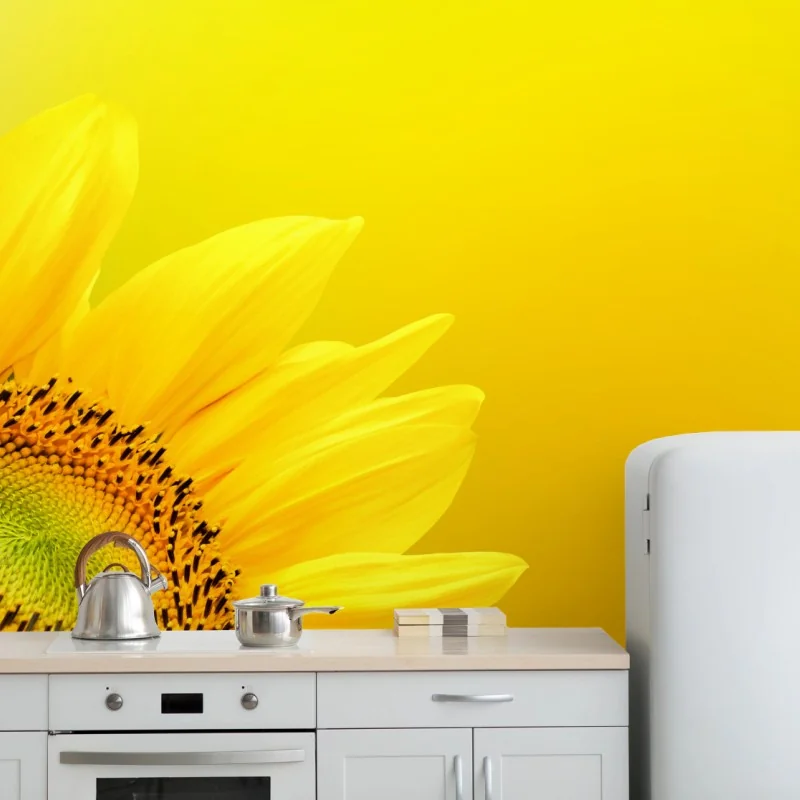 Fototapeta żywy słonecznik z bliska na żółtym tle – Wallissimo® Fototapeta żywy słonecznik z bliska na żółtym tle – Wallissimo®