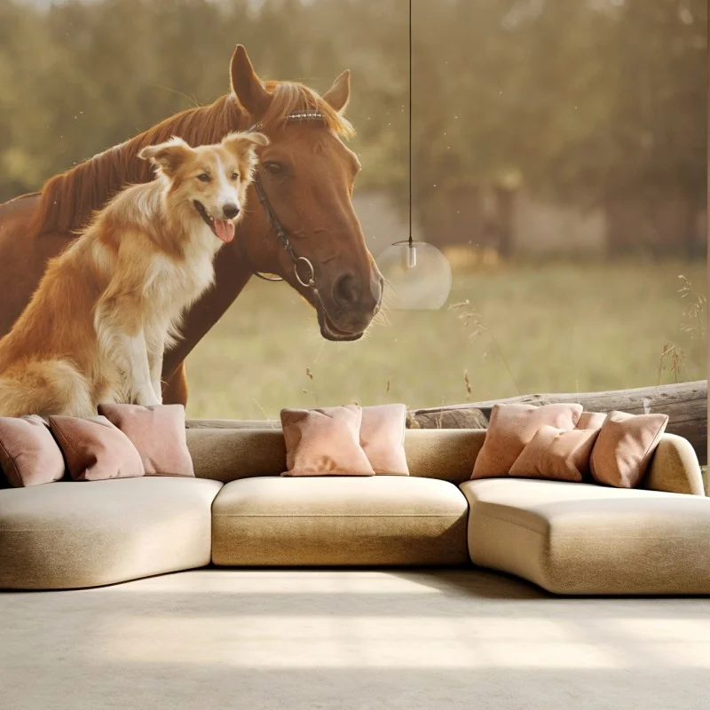 Fototapeta słoneczni towarzysze: pies i koń – Wallissimo® Fototapeta słoneczni towarzysze: pies i koń – Wallissimo®