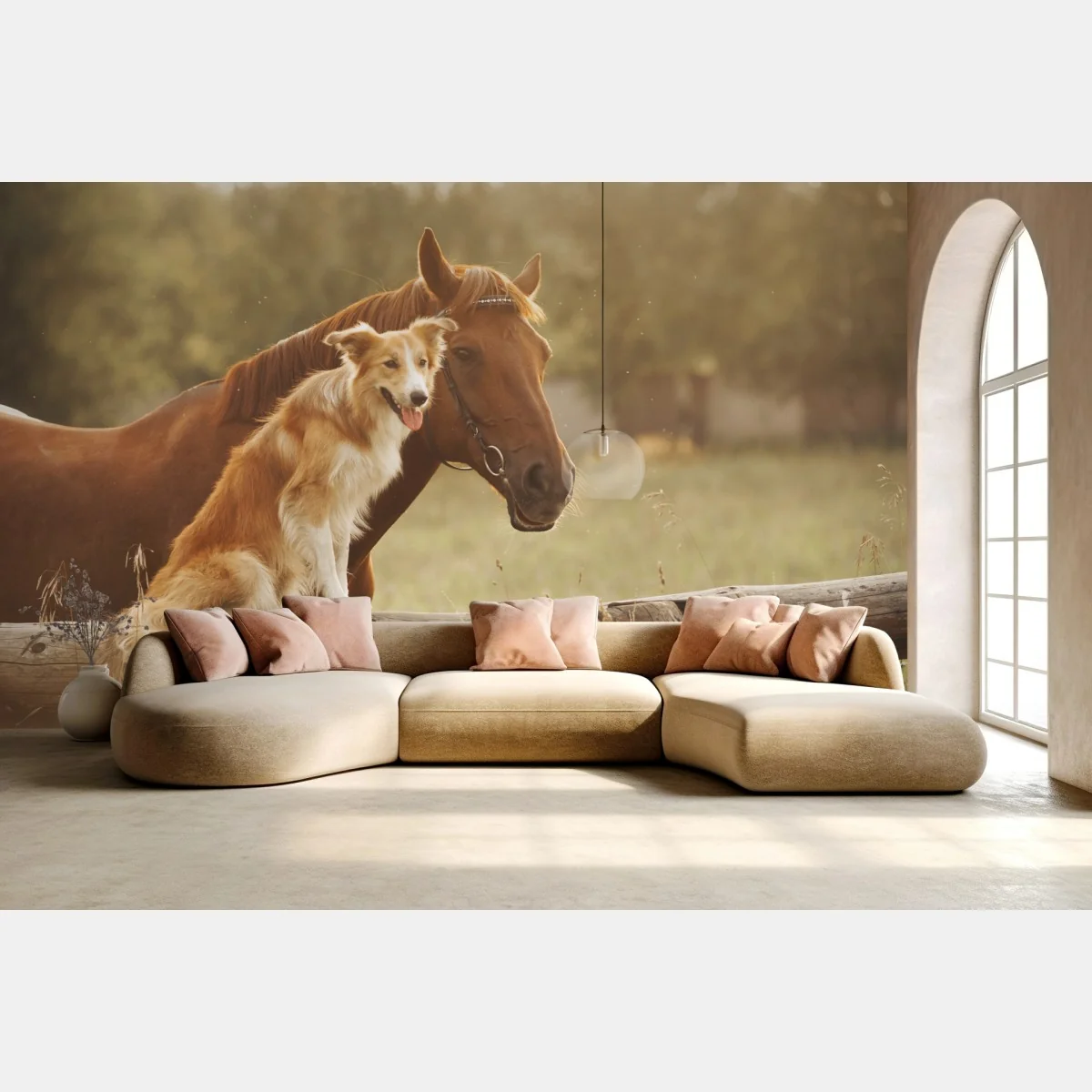 Fototapeta słoneczni towarzysze: pies i koń – Wallissimo® Fototapeta słoneczni towarzysze: pies i koń – Wallissimo®