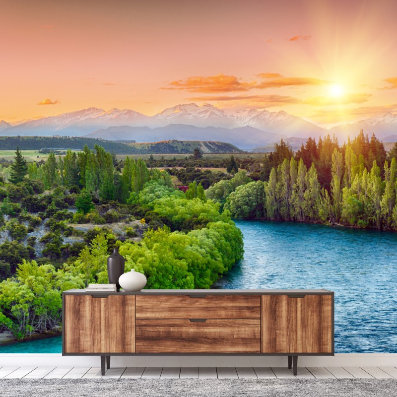 Fototapeta zachód słońca nad rzeką Clutha i Alpami Południowymi – Wallissimo® Fototapeta zachód słońca nad rzeką Clutha i Alpami Południowymi – Wallissimo®