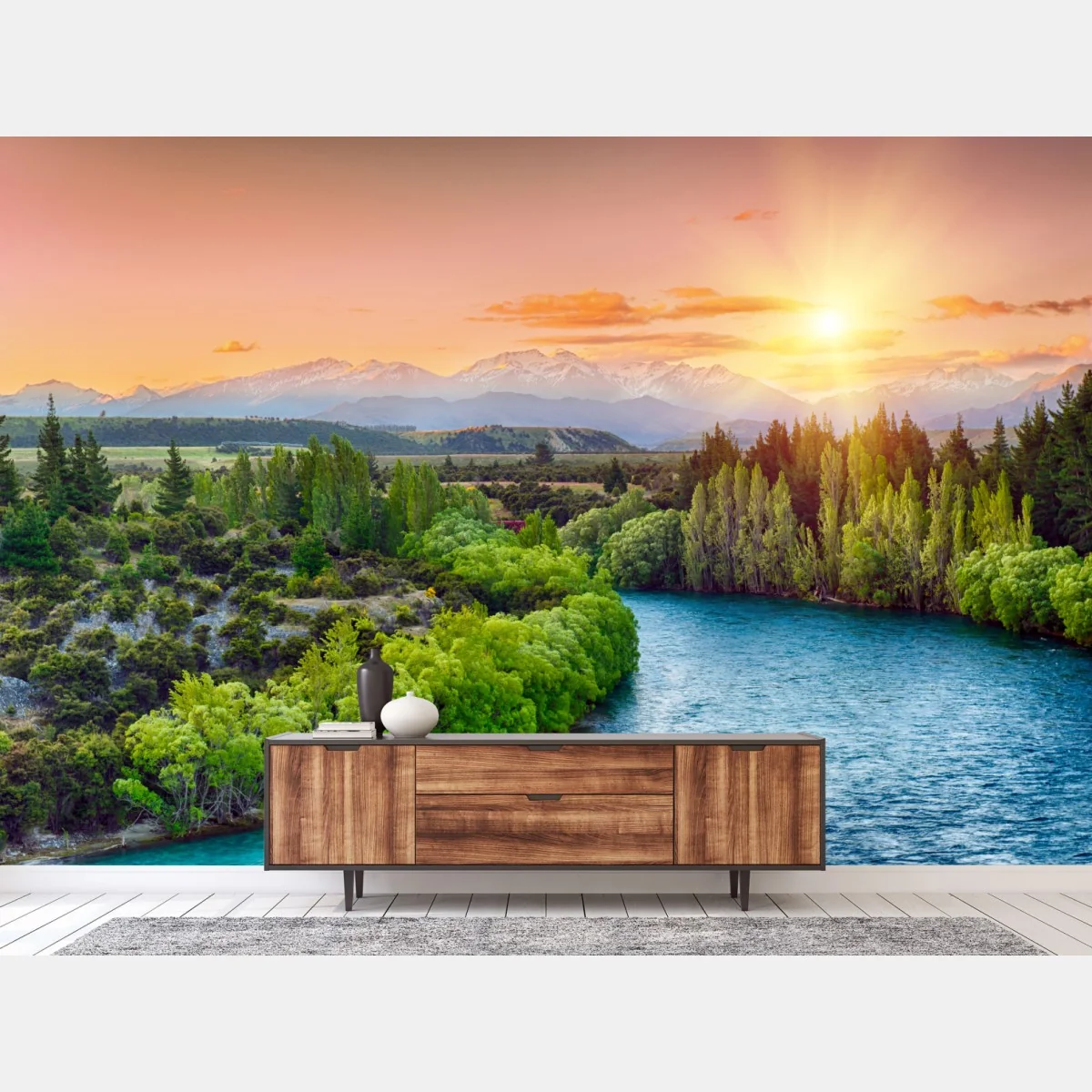 Fototapeta zachód słońca nad rzeką Clutha i Alpami Południowymi – Wallissimo® Fototapeta zachód słońca nad rzeką Clutha i Alpami Południowymi – Wallissimo®