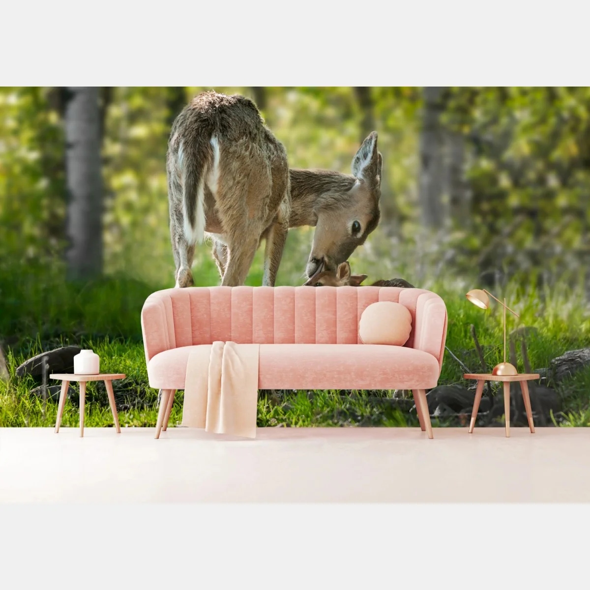 Fototapeta jeleń z cielakiem w zielonym lesie – Wallissimo® Fototapeta jeleń z cielakiem w zielonym lesie – Wallissimo®