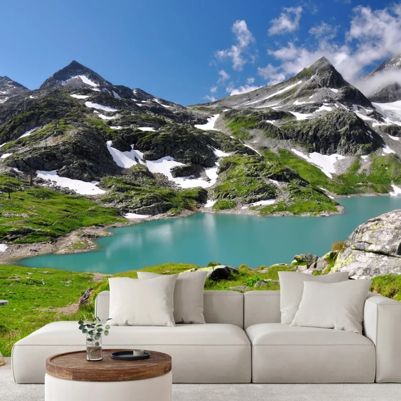 Fototapeta alpejskie jezioro z turkusową wodą i górami – Wallissimo® Fototapeta alpejskie jezioro z turkusową wodą i górami – Wallissimo®