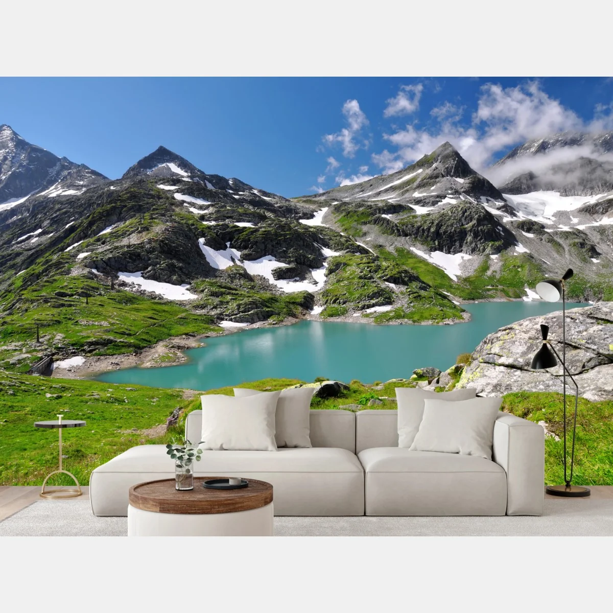 Fototapeta alpejskie jezioro z turkusową wodą i górami – Wallissimo® Fototapeta alpejskie jezioro z turkusową wodą i górami – Wallissimo®