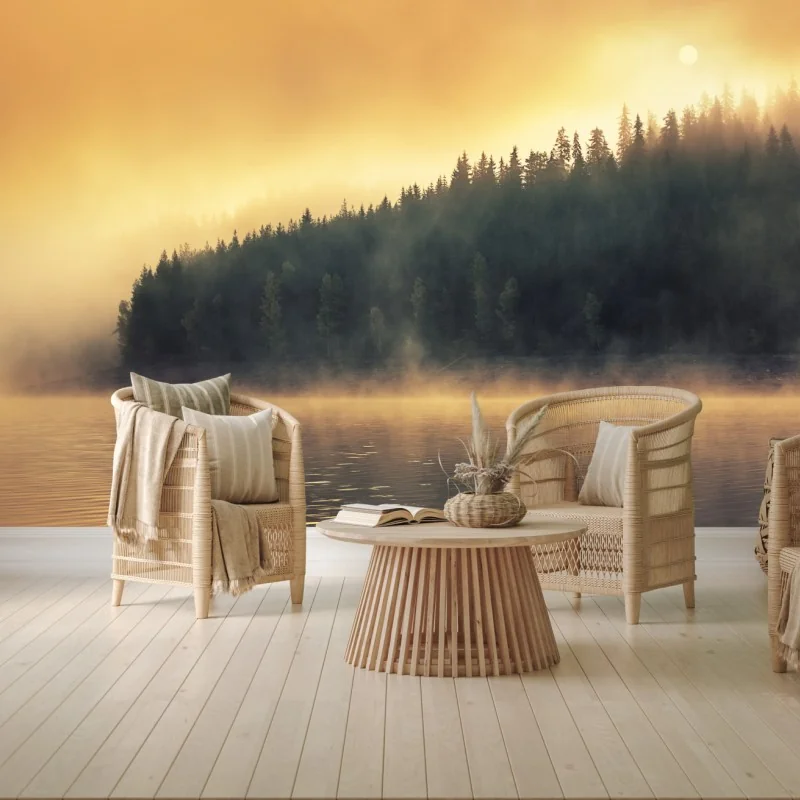 Fototapeta mglisty złoty wschód nad leśnym jeziorem – Wallissimo® Fototapeta mglisty złoty wschód nad leśnym jeziorem – Wallissimo®