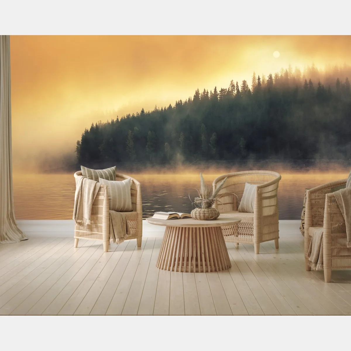 Fototapeta mglisty złoty wschód nad leśnym jeziorem – Wallissimo® Fototapeta mglisty złoty wschód nad leśnym jeziorem – Wallissimo®