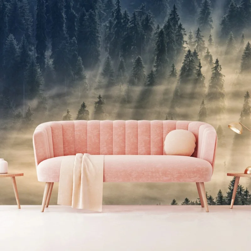 Fototapeta mglisty las świerkowy w promieniach słońca – Wallissimo® Fototapeta mglisty las świerkowy w promieniach słońca – Wallissimo®