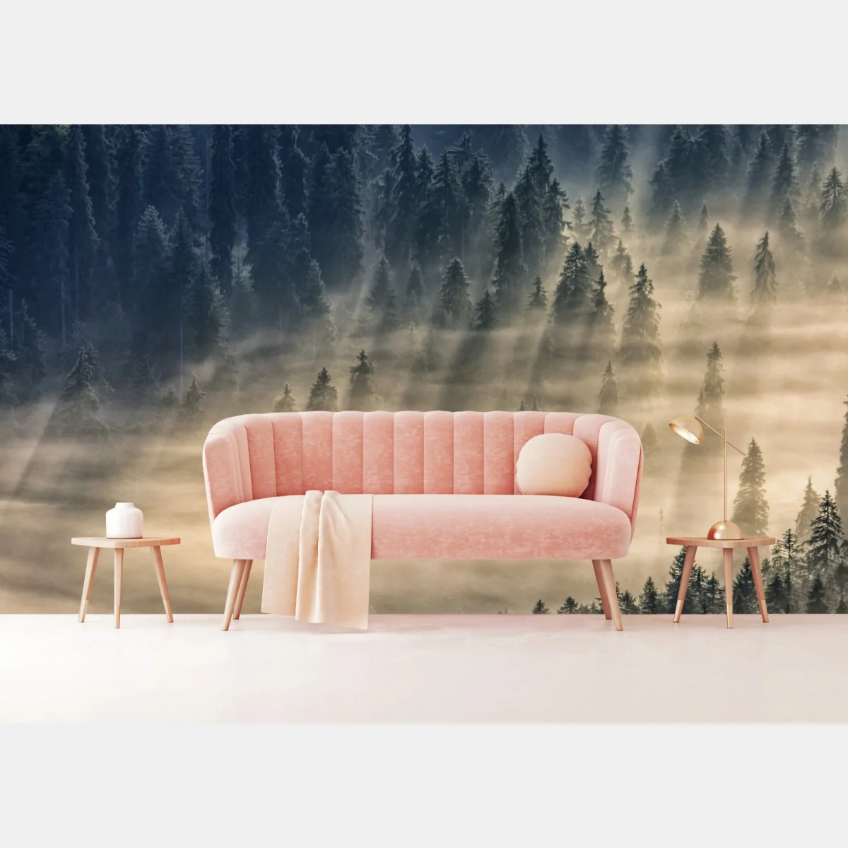 Fototapeta mglisty las świerkowy w promieniach słońca – Wallissimo® Fototapeta mglisty las świerkowy w promieniach słońca – Wallissimo®