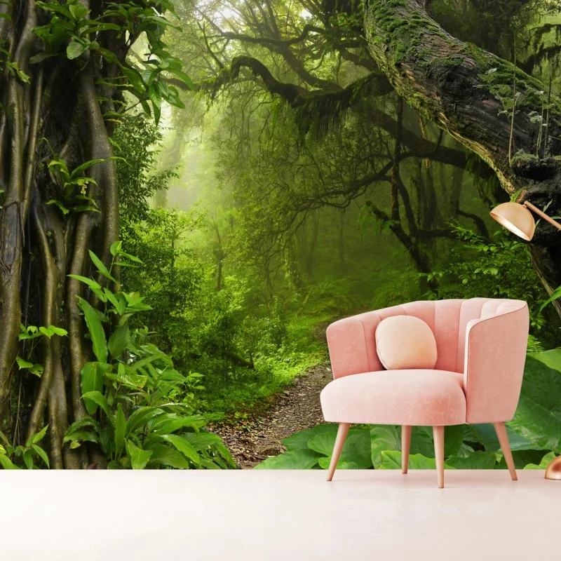 Fototapeta bujna mglista leśna ścieżka – Wallissimo® Fototapeta bujna mglista leśna ścieżka – Wallissimo®