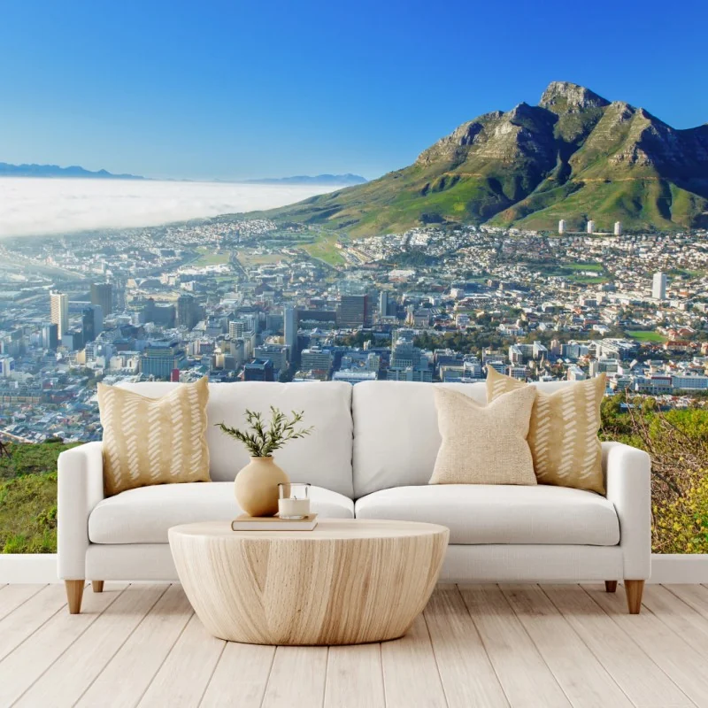 Fototapeta miejska panorama z górami i błękitnym niebem – Wallissimo® Fototapeta miejska panorama z górami i błękitnym niebem – Wallissimo®