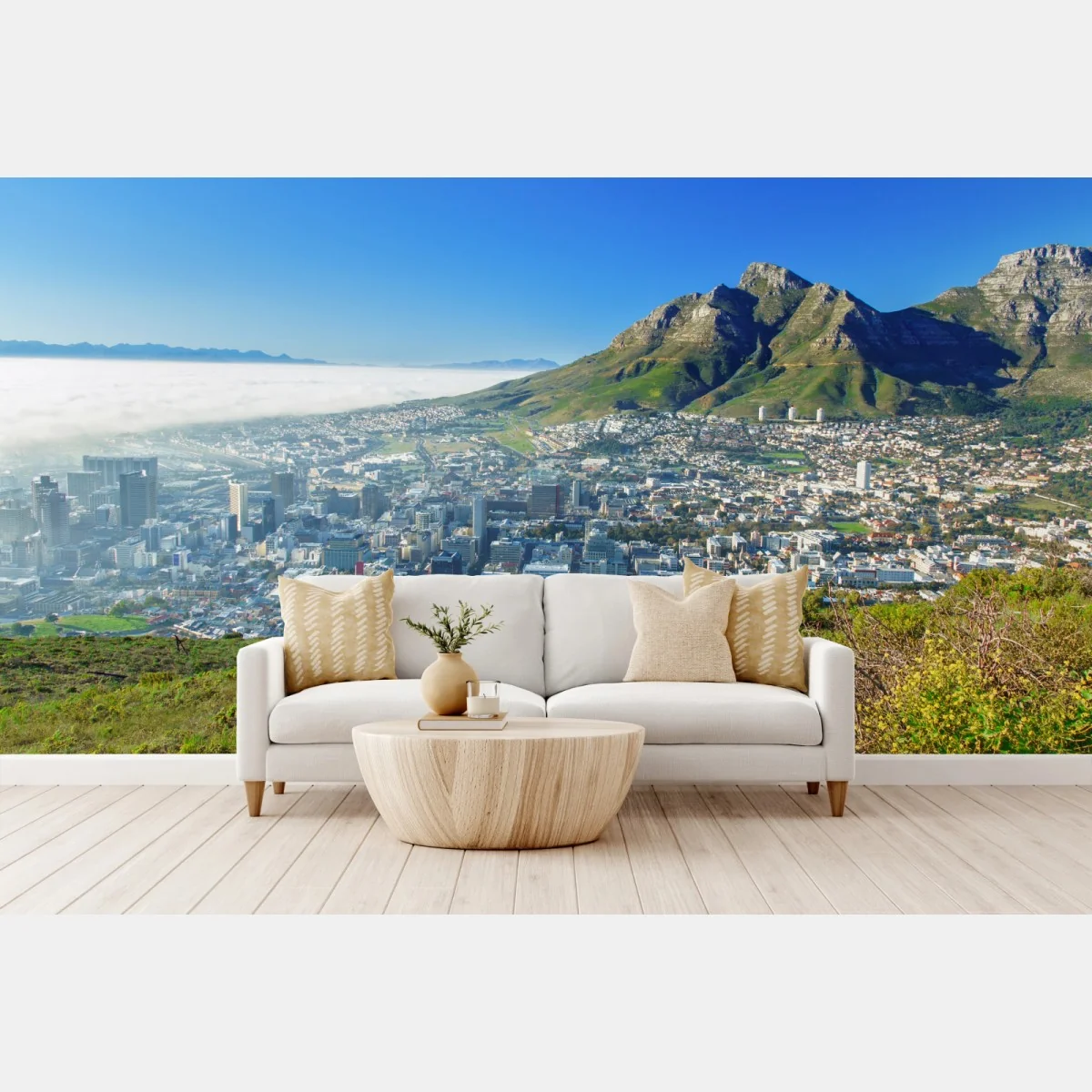 Fototapeta miejska panorama z górami i błękitnym niebem – Wallissimo® Fototapeta miejska panorama z górami i błękitnym niebem – Wallissimo®