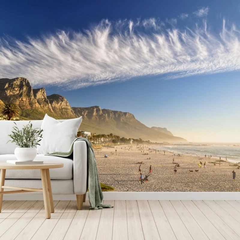 Fototapeta słoneczna plaża z górskim tłem – Wallissimo® Fototapeta słoneczna plaża z górskim tłem – Wallissimo®