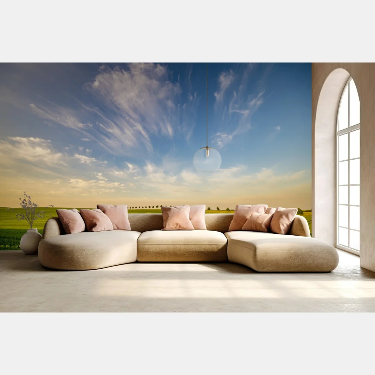 Fototapeta zielona łąka z rzędami młodych drzew – Wallissimo® Fototapeta zielona łąka z rzędami młodych drzew – Wallissimo®