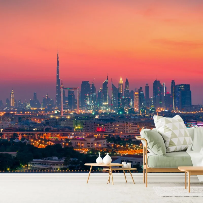 Fototapeta panorama Dubaju o zachodzie słońca – Wallissimo® Fototapeta panorama Dubaju o zachodzie słońca – Wallissimo®