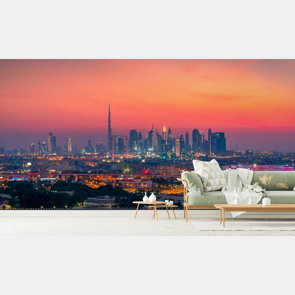 Fototapeta panorama Dubaju o zachodzie słońca – Wallissimo® Fototapeta panorama Dubaju o zachodzie słońca – Wallissimo®