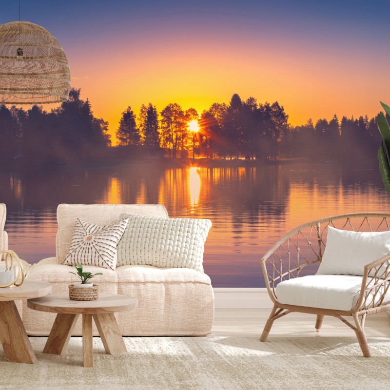 Fototapeta mglisty zachód słońca nad jeziorem – Wallissimo® Fototapeta mglisty zachód słońca nad jeziorem – Wallissimo®