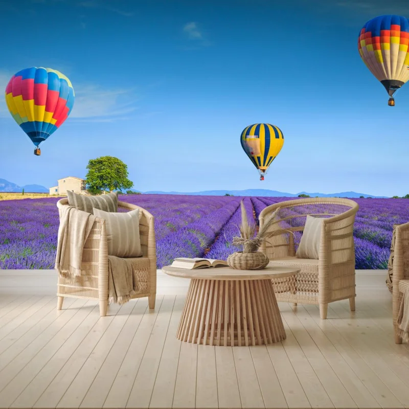 Fototapeta pola lawendy w Valensole z balonami – Wallissimo® Fototapeta pola lawendy w Valensole z balonami – Wallissimo®