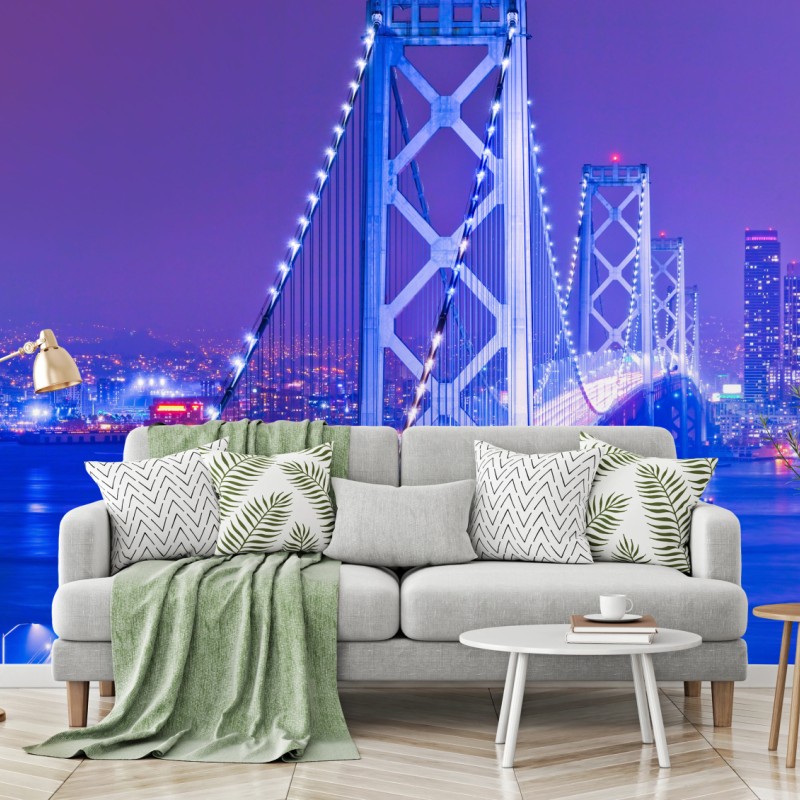 Fototapeta oświetlony most wiszący i panorama miasta nocą – Wallissimo®