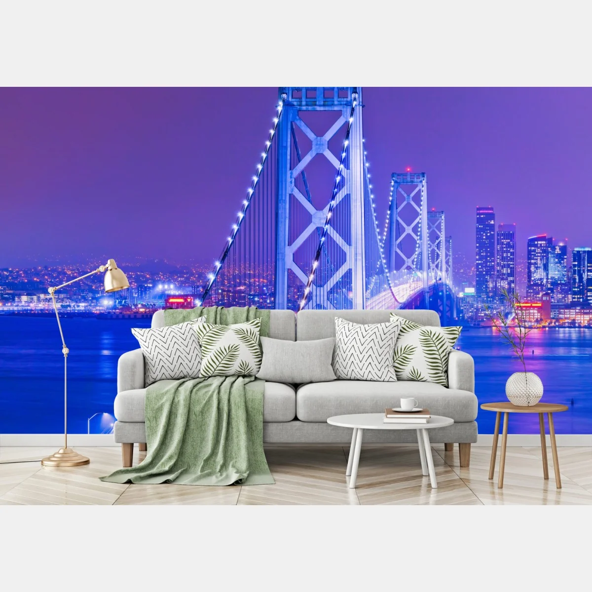 Fototapeta oświetlony most wiszący i panorama miasta nocą – Wallissimo®