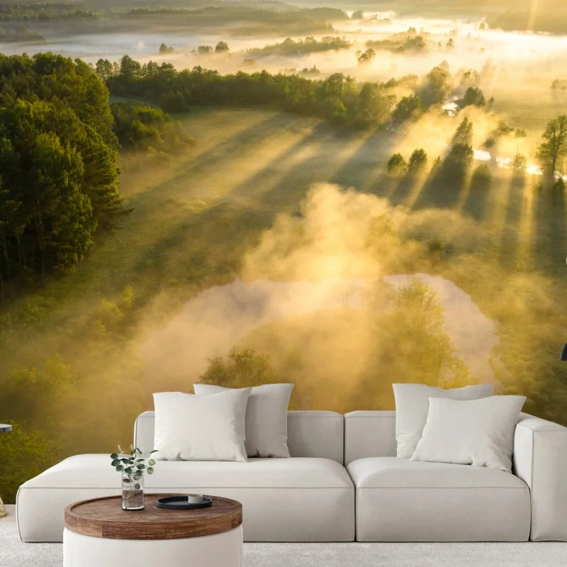 Fototapeta złote poranne światło nad mglistą rzeką – Wallissimo® Fototapeta złote poranne światło nad mglistą rzeką – Wallissimo®