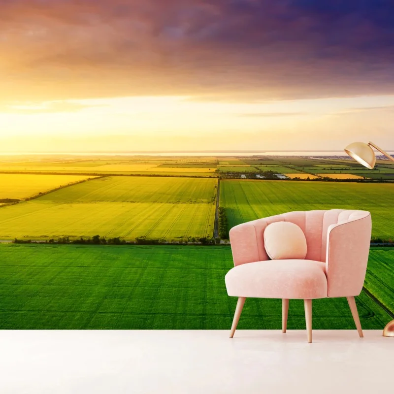 Fototapeta zachód słońca nad zielonymi polami – Wallissimo® Fototapeta zachód słońca nad zielonymi polami – Wallissimo®