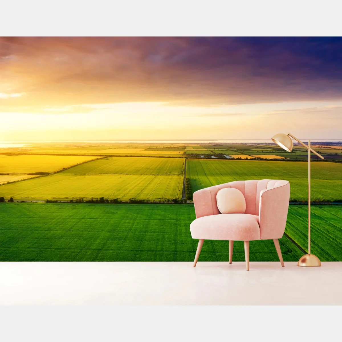 Fototapeta zachód słońca nad zielonymi polami – Wallissimo® Fototapeta zachód słońca nad zielonymi polami – Wallissimo®