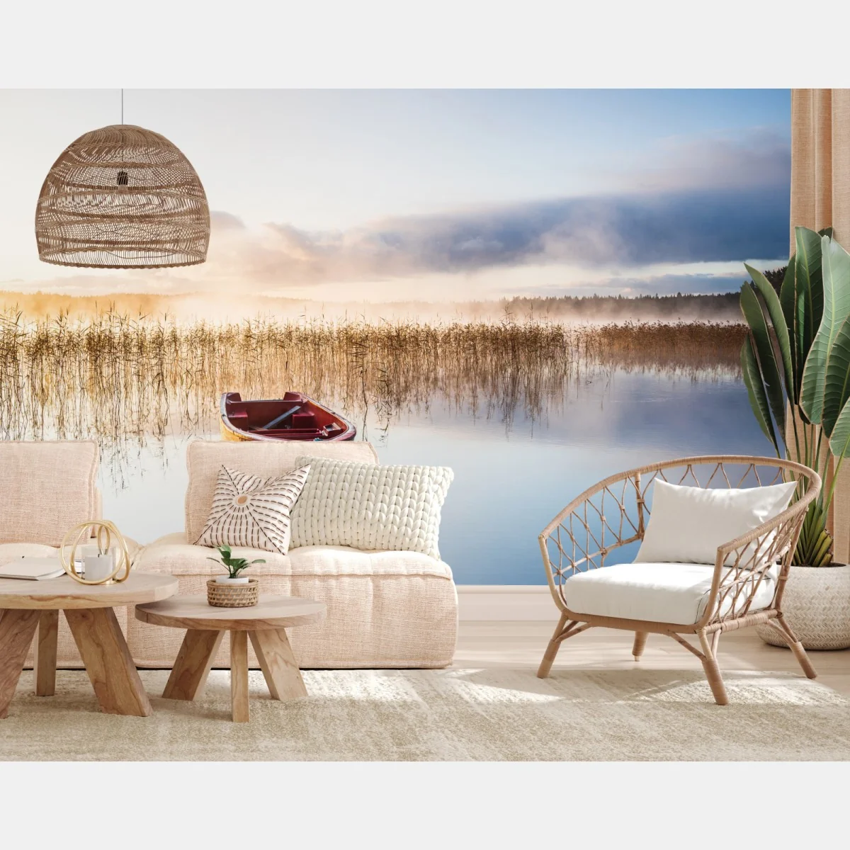 Fototapeta mglisty poranek nad jeziorem z czerwoną łódką – Wallissimo® Fototapeta mglisty poranek nad jeziorem z czerwoną łódką – Wallissimo®