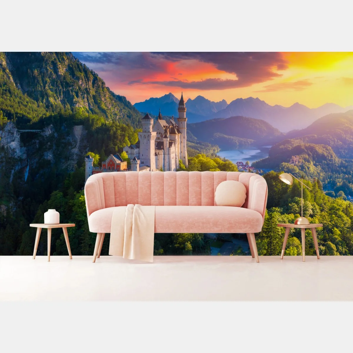 Fototapeta zamek Neuschwanstein o zachodzie słońca – Wallissimo®