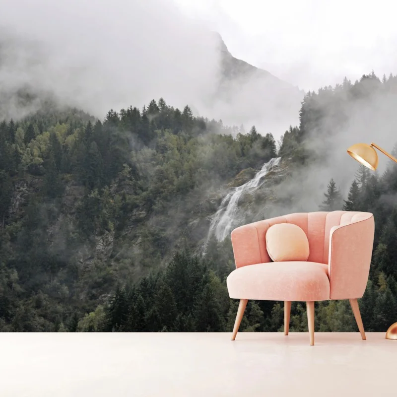 Fototapeta mglisty wodospad w górskim lesie – Wallissimo® Fototapeta mglisty wodospad w górskim lesie – Wallissimo®