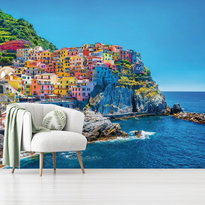 Fototapeta kolorowa nadmorska wioska na klifie – Wallissimo® Fototapeta kolorowa nadmorska wioska na klifie – Wallissimo®