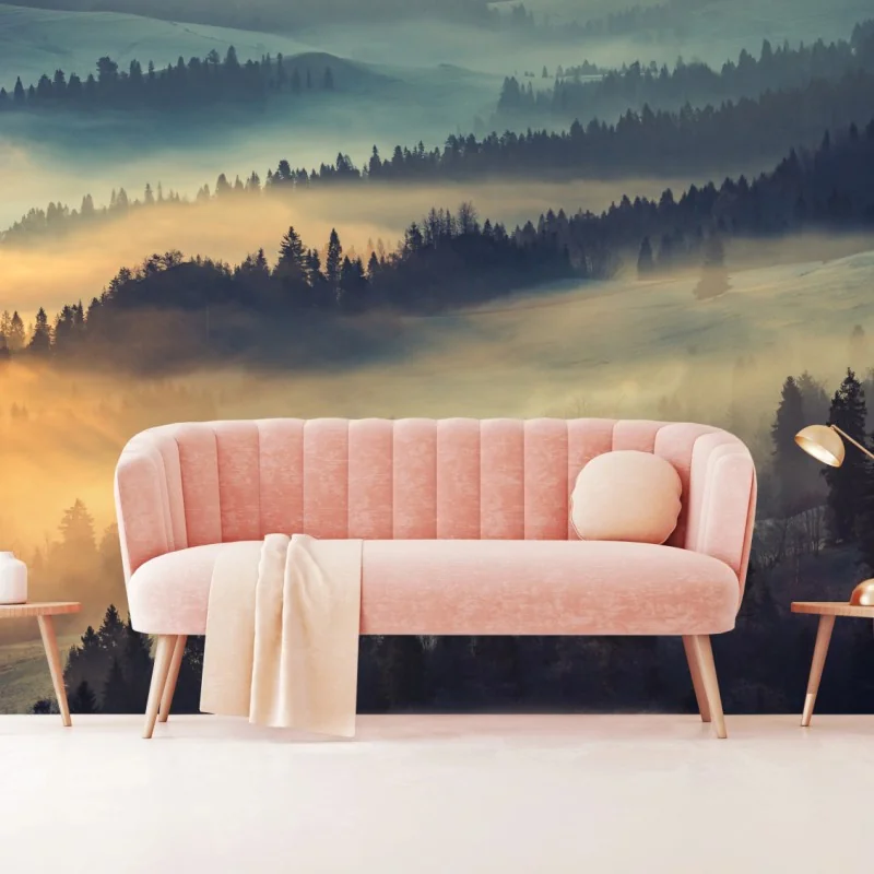 Fototapeta mglisty górski las o wschodzie słońca – Wallissimo® Fototapeta mglisty górski las o wschodzie słońca – Wallissimo®