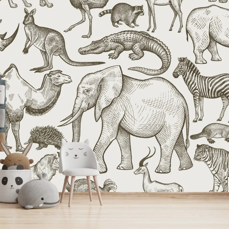 Fototapeta sepiowy wzór dzikich zwierząt – Wallissimo® Fototapeta sepiowy wzór dzikich zwierząt – Wallissimo®