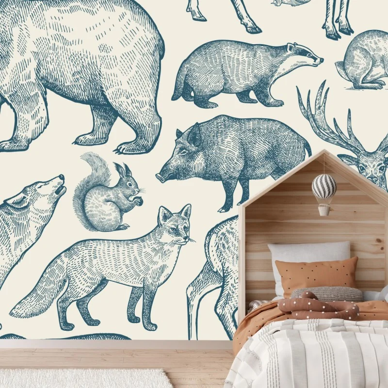 Fototapeta vintage wzór z zwierzętami leśnymi – Wallissimo® Fototapeta vintage wzór z zwierzętami leśnymi – Wallissimo®