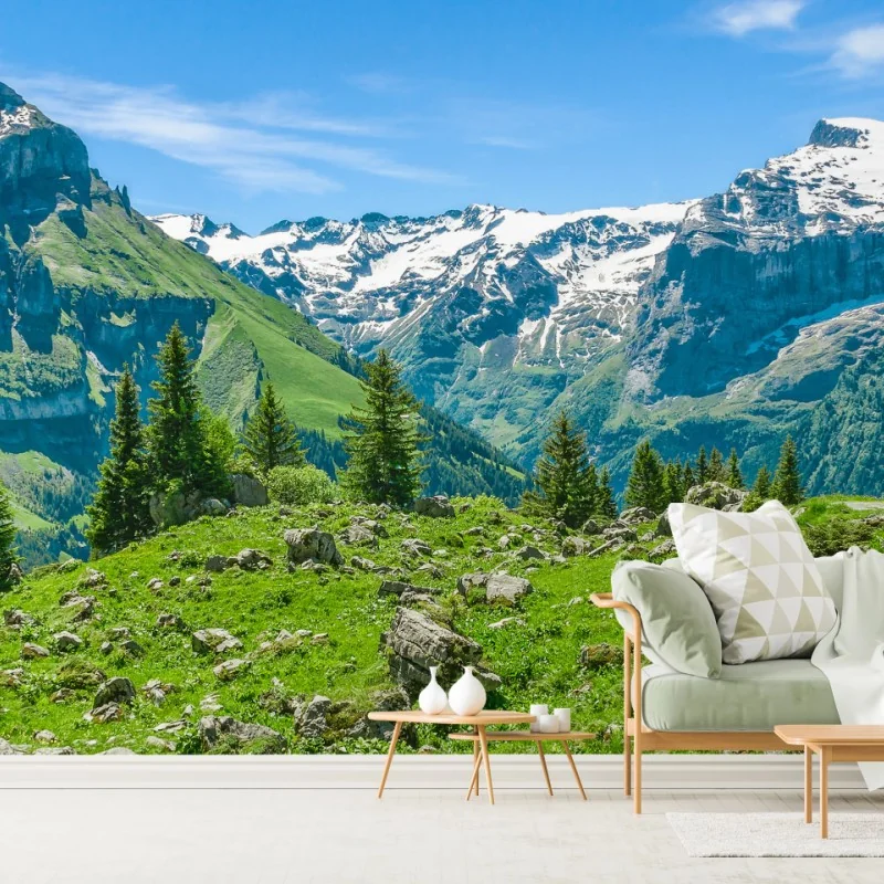 Fototapeta słoneczna łąka w Engelberg – Wallissimo® Fototapeta słoneczna łąka w Engelberg – Wallissimo®