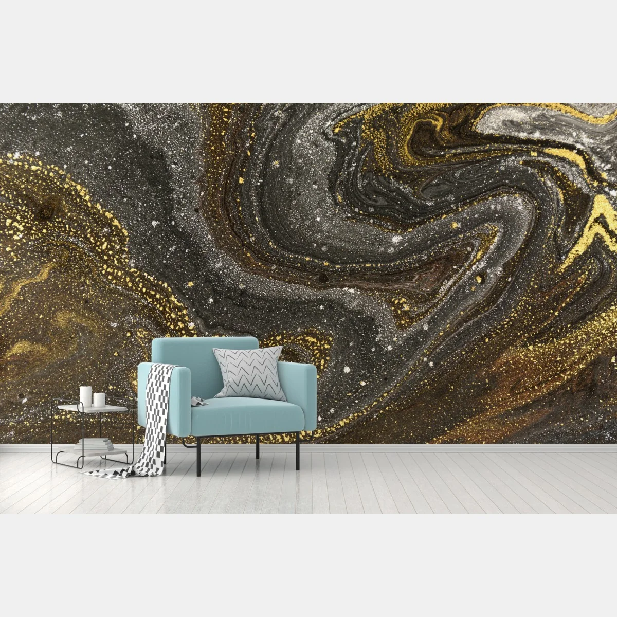 Fototapeta złoto-czarny marmurowy wir abstrakcyjny – Wallissimo® Fototapeta złoto-czarny marmurowy wir abstrakcyjny – Wallissimo®