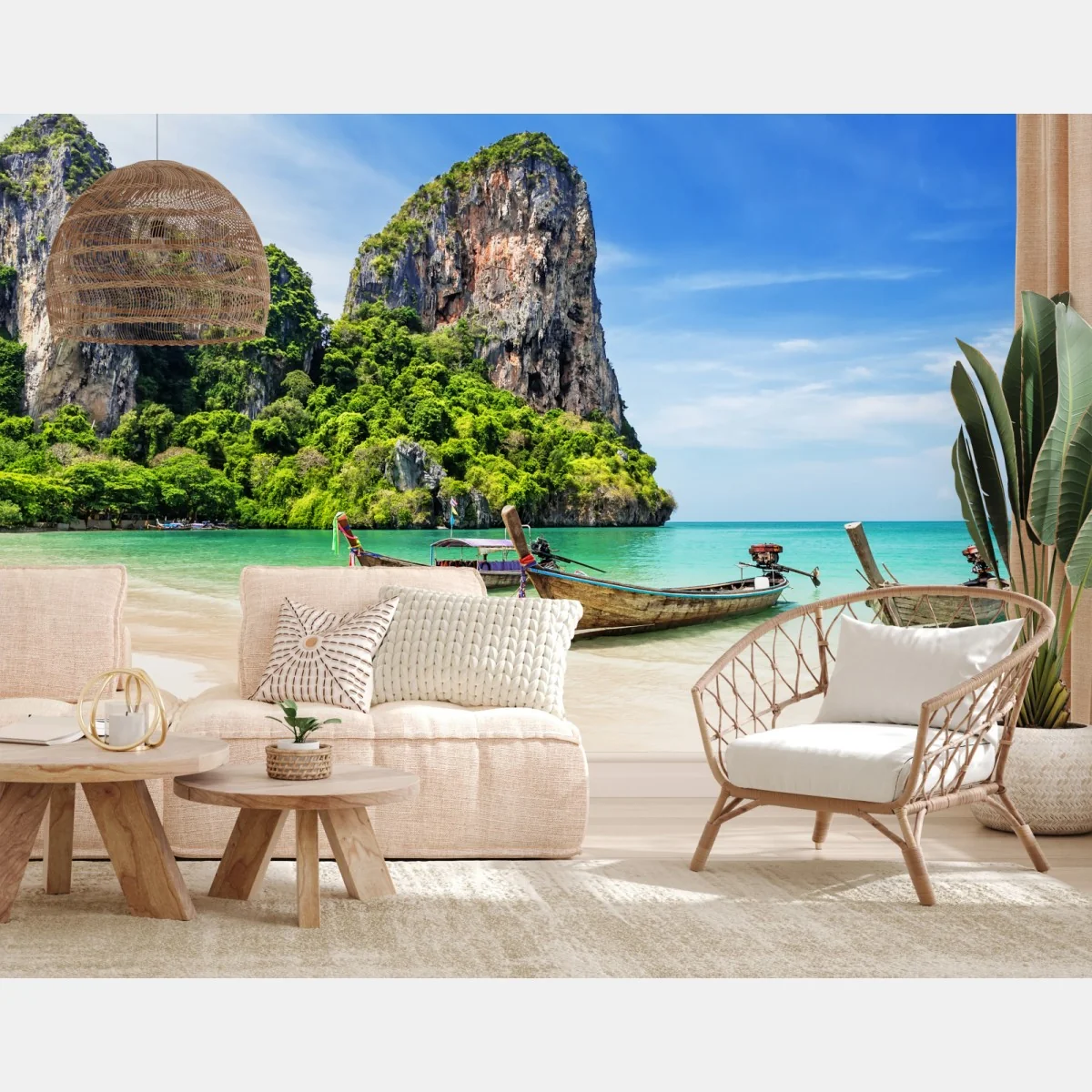 Fototapeta spokojne łodzie longtail na plaży Railay, Tajlandia – Wallissimo® Fototapeta spokojne łodzie longtail na plaży Railay, Tajlandia – Wallissimo®