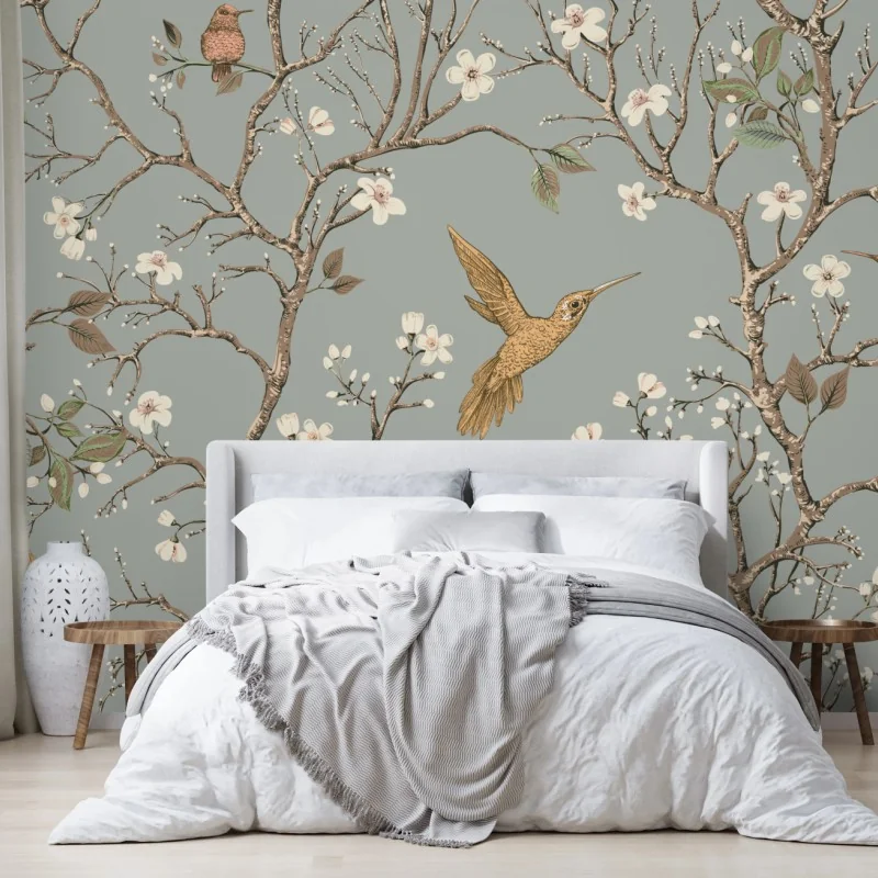 Fototapeta vintage wzór kolibrów i kwiatów – Wallissimo® Fototapeta vintage wzór kolibrów i kwiatów – Wallissimo®