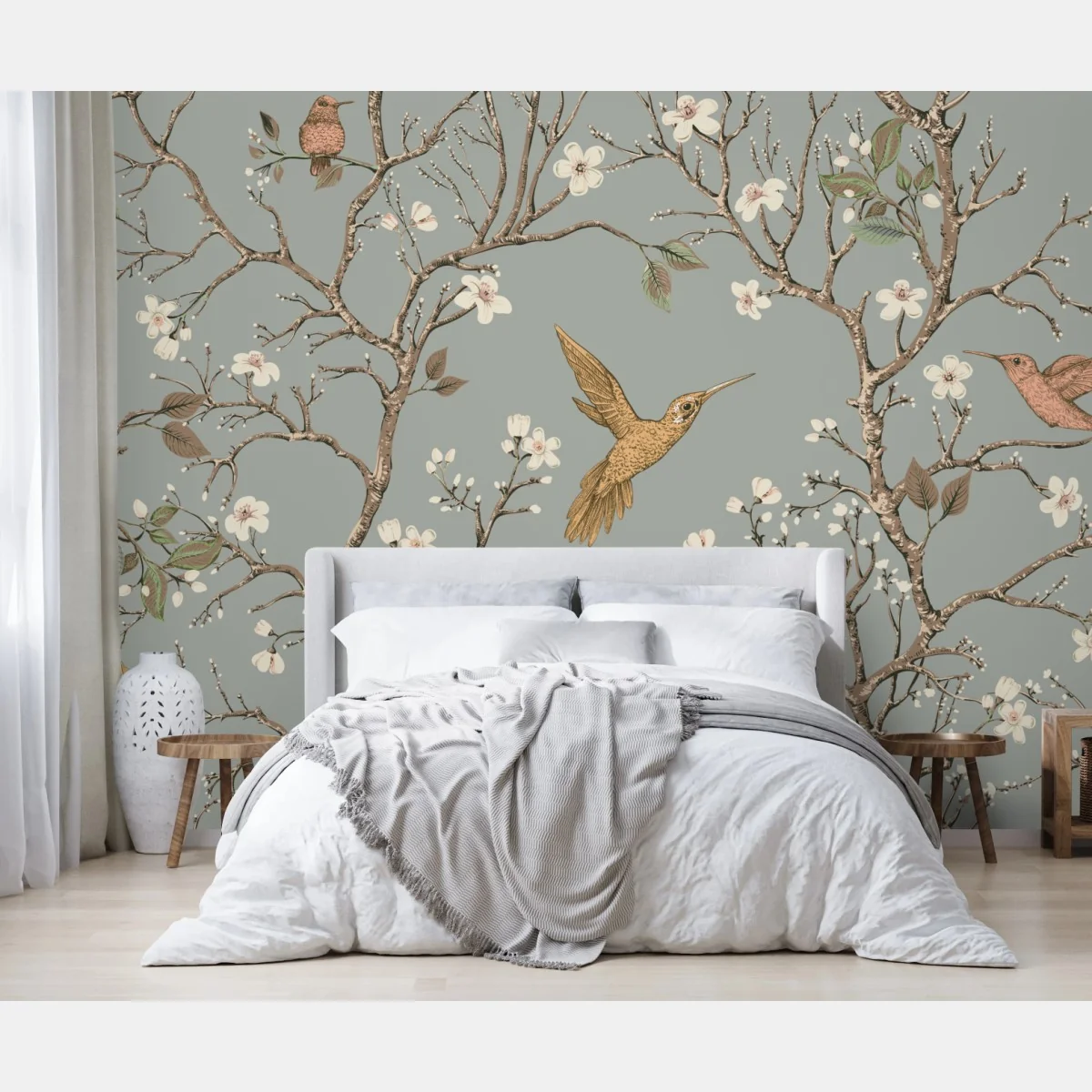 Fototapeta vintage wzór kolibrów i kwiatów – Wallissimo® Fototapeta vintage wzór kolibrów i kwiatów – Wallissimo®