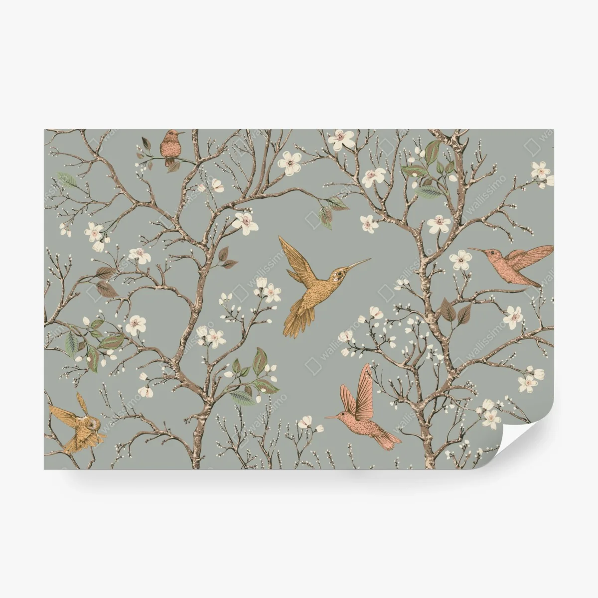 Fototapeta vintage wzór kolibrów i kwiatów – Wallissimo® Fototapeta vintage wzór kolibrów i kwiatów – Wallissimo®