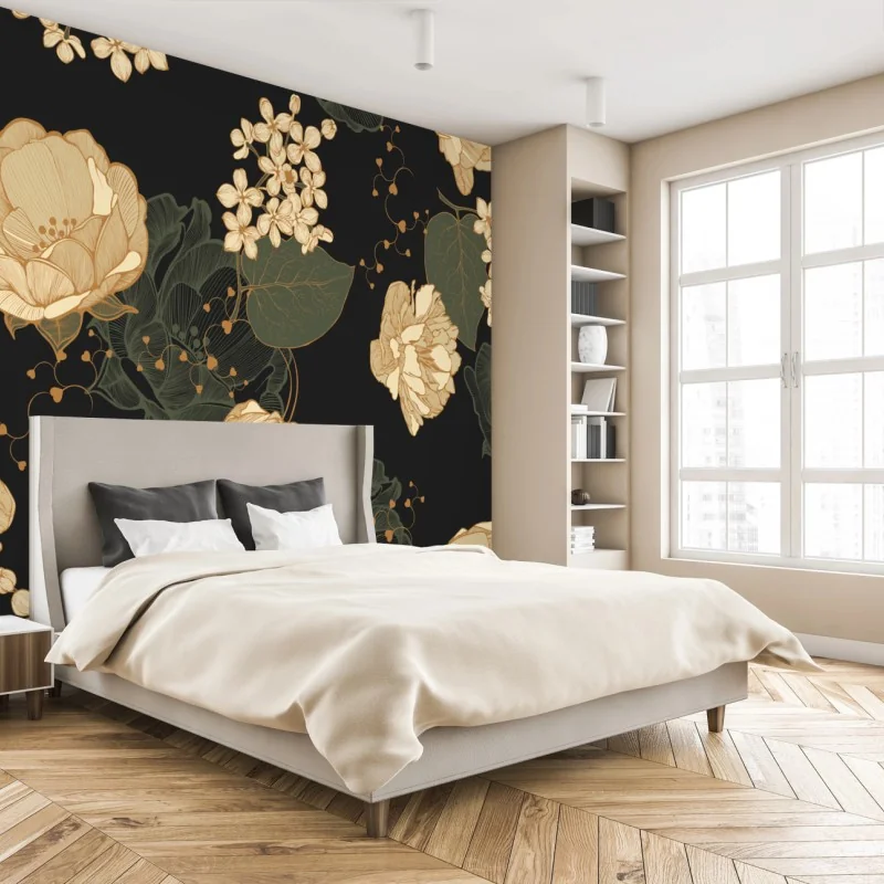 Fototapeta złote piwonie na ciemnym botanicznym tle – Wallissimo® Fototapeta złote piwonie na ciemnym botanicznym tle – Wallissimo®