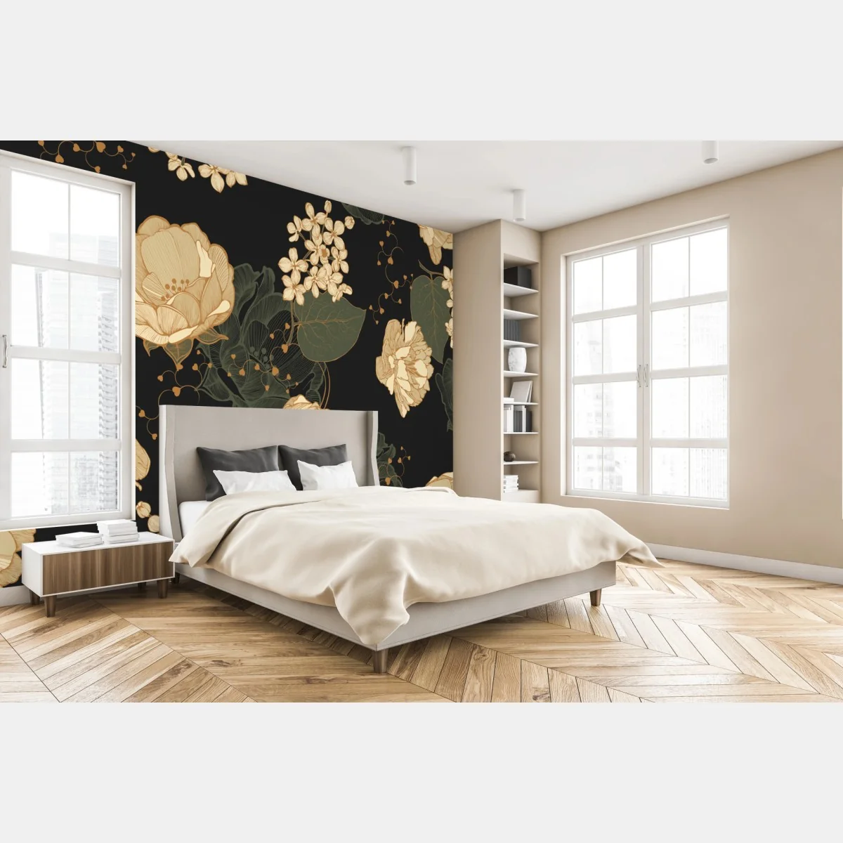 Fototapeta złote piwonie na ciemnym botanicznym tle – Wallissimo® Fototapeta złote piwonie na ciemnym botanicznym tle – Wallissimo®