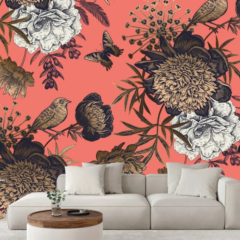 Fototapeta vintage wzór kwiatowy z ptakami na koralowym tle – Wallissimo® Fototapeta vintage wzór kwiatowy z ptakami na koralowym tle – Wallissimo®