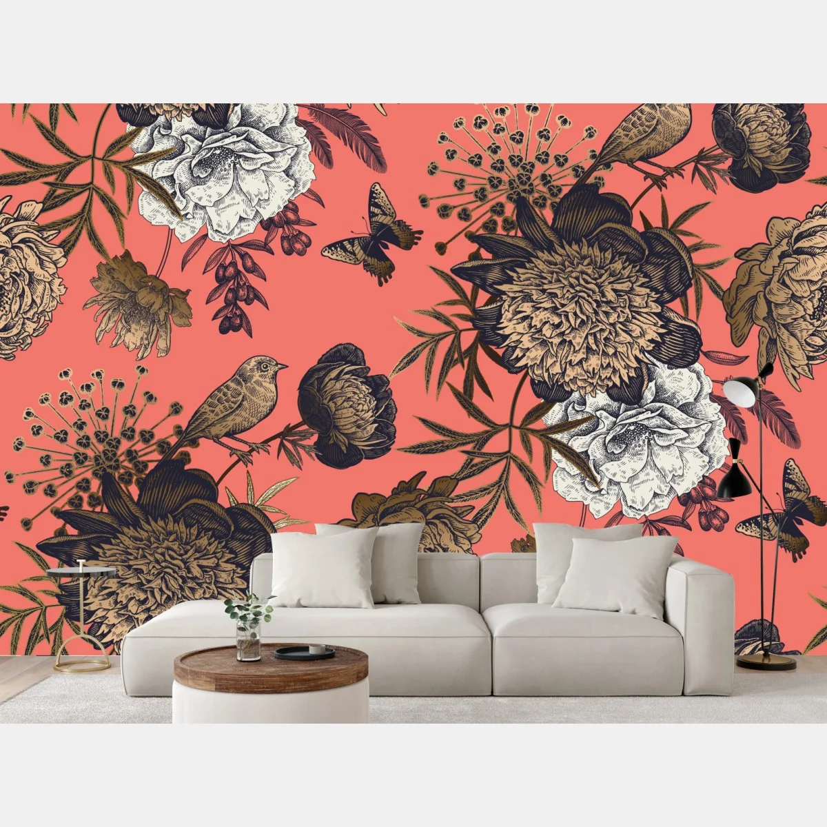 Fototapeta vintage wzór kwiatowy z ptakami na koralowym tle – Wallissimo® Fototapeta vintage wzór kwiatowy z ptakami na koralowym tle – Wallissimo®