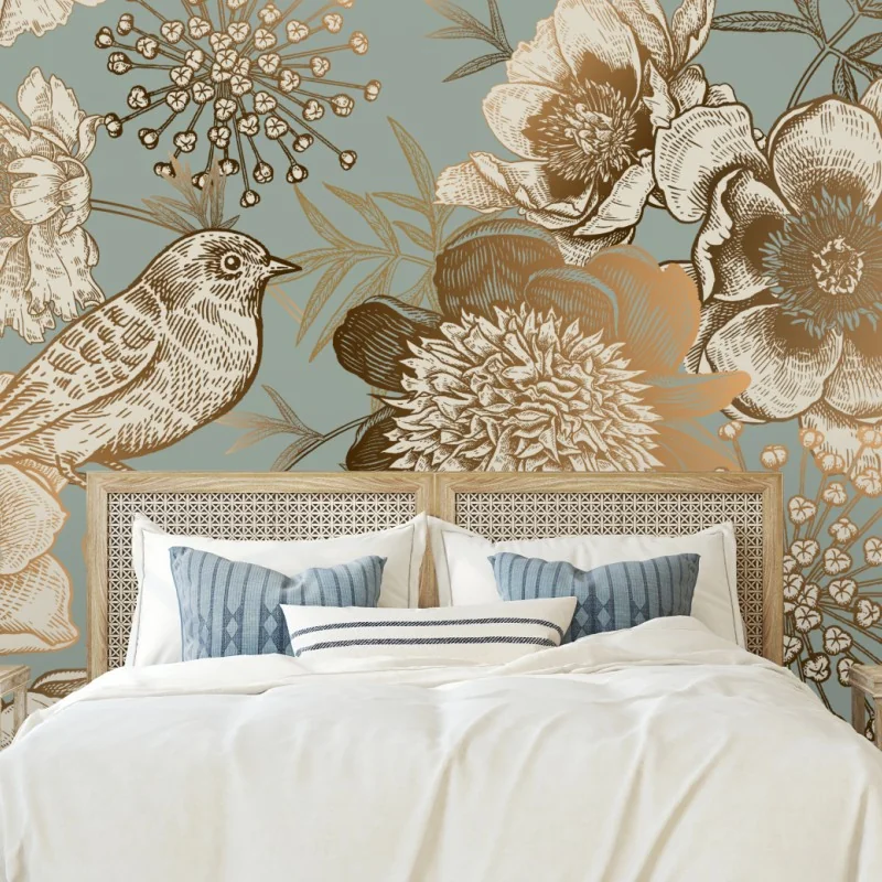 Fototapeta vintage botaniczny motyw kwiatowy z ptakiem – Wallissimo® Fototapeta vintage botaniczny motyw kwiatowy z ptakiem – Wallissimo®