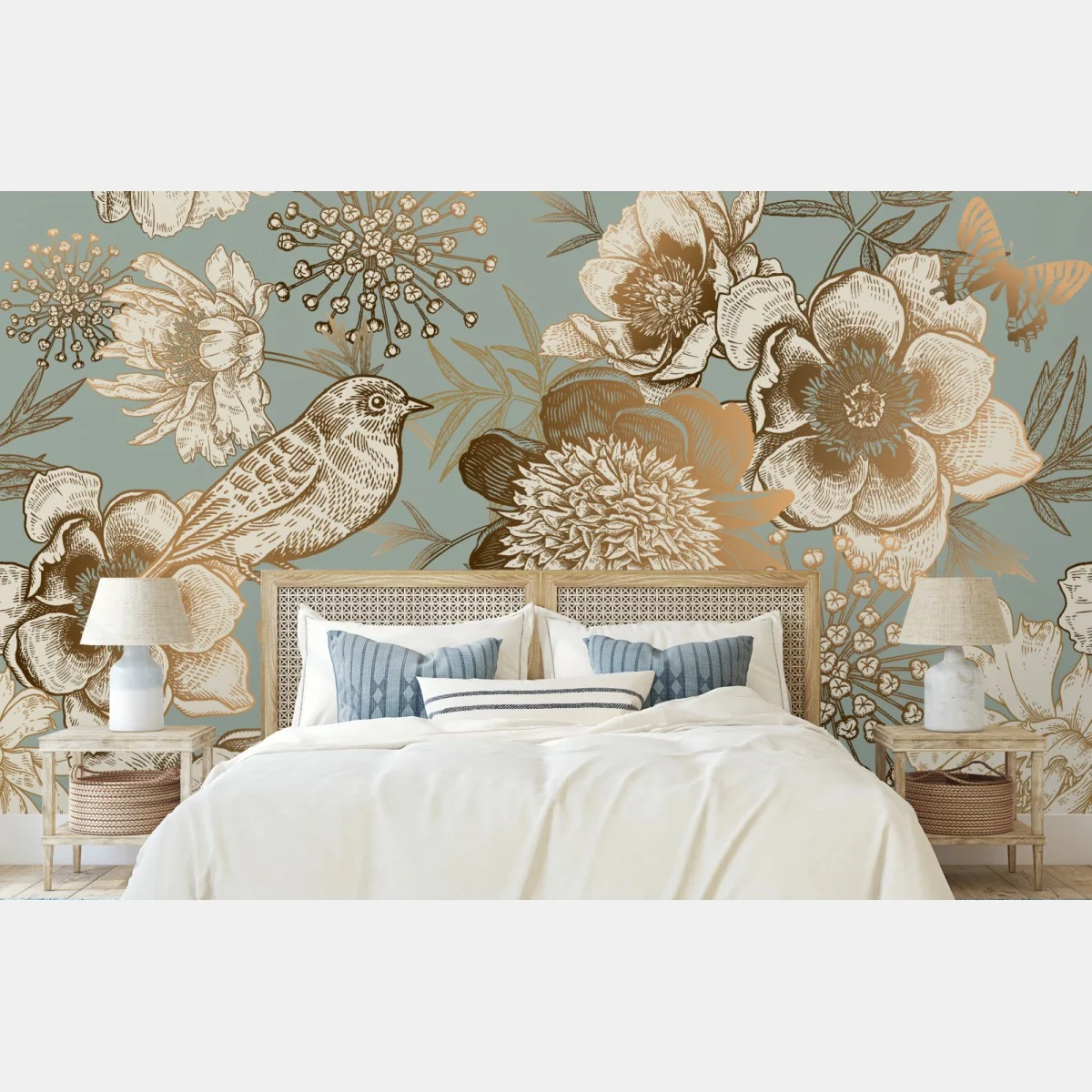 Fototapeta vintage botaniczny motyw kwiatowy z ptakiem – Wallissimo® Fototapeta vintage botaniczny motyw kwiatowy z ptakiem – Wallissimo®