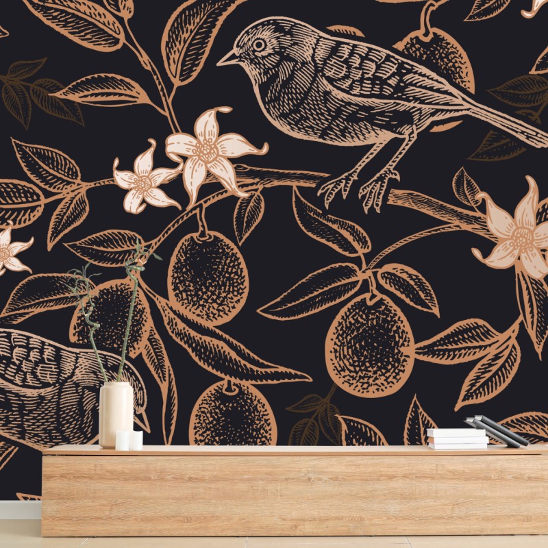 Fototapeta vintage wzór ptaków i cytrusów – Wallissimo® Fototapeta vintage wzór ptaków i cytrusów – Wallissimo®