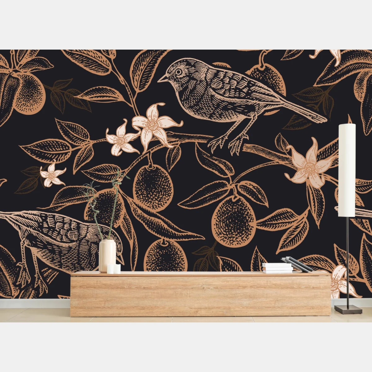 Fototapeta vintage wzór ptaków i cytrusów – Wallissimo® Fototapeta vintage wzór ptaków i cytrusów – Wallissimo®